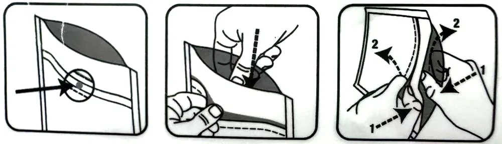 Three steps showing how to open a child-resistant zipper